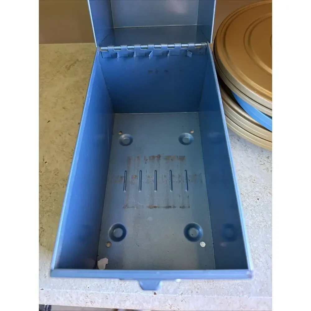 Vintage Compco Film Carrying Case with Reels and Tins Blue & Gold 7.875x7.5x4.4”